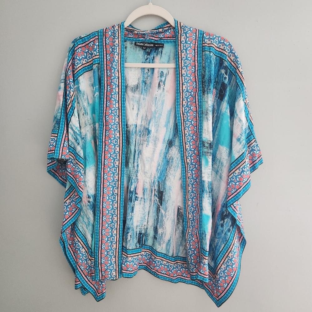 Tolani Blue Tie Dye Kimono XSP Open Front With Cinched Back Cardigan